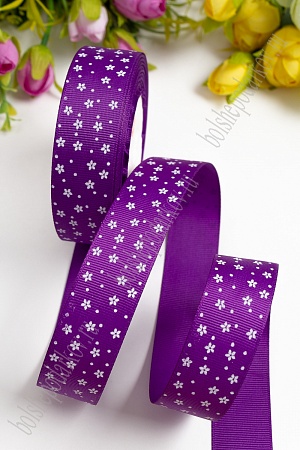 Лента репсовая 2,5 см &quot;Горох с цветочками&quot; (SF-180) темно-фиолетовый